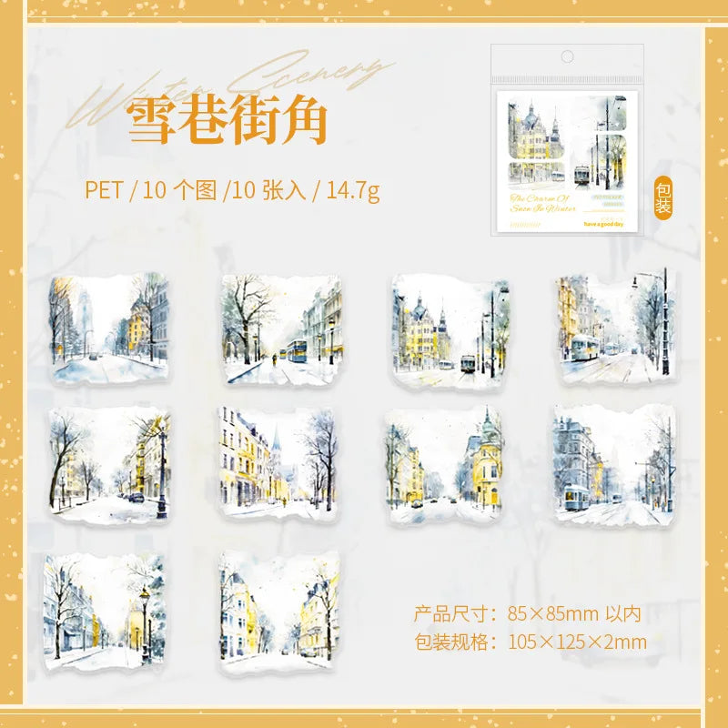 Mr. Paper, 10pcs/pack, Winter Landscape Large-sized PET Stickers, Decorative Collage Scrapbook, Photo Frame, Phone Case,notebook