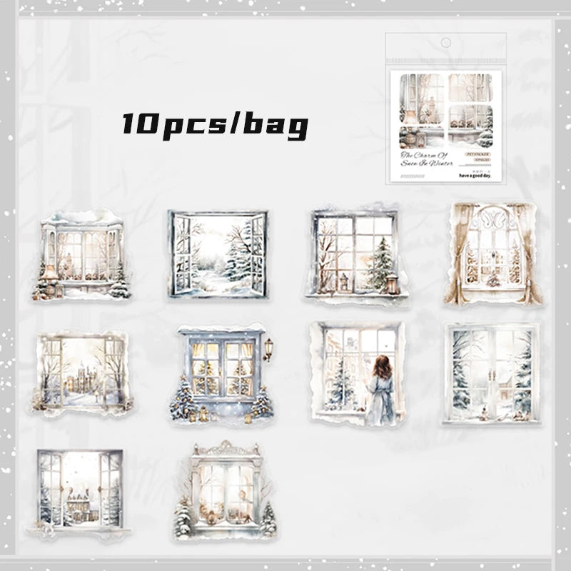 Mr. Paper 6Style 10Pcs/bag Winter Landscape Theme Large Size PET Stickers DIY Handbook Scrapbook Photo Frame Calendar Decoration