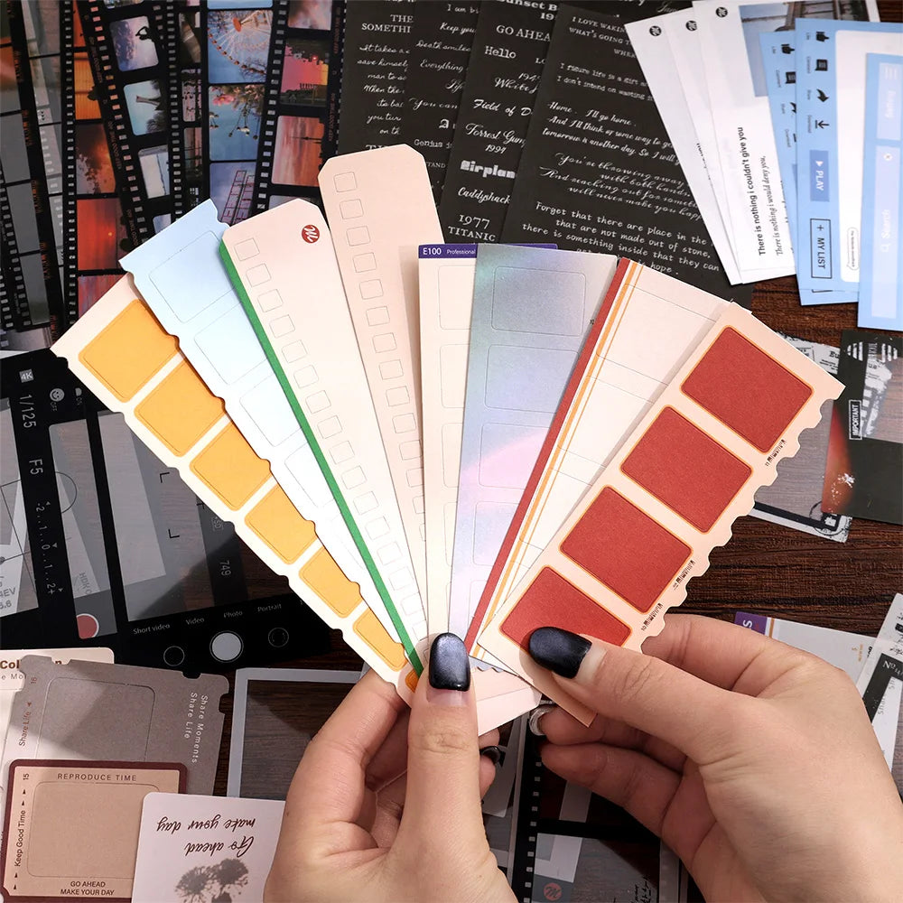 100 pcs/pack Vintage Movie Film Cards Notes And Stickers Set Pack For Scrapbook Kit Film Strip Photo Frame Journaling Supplies