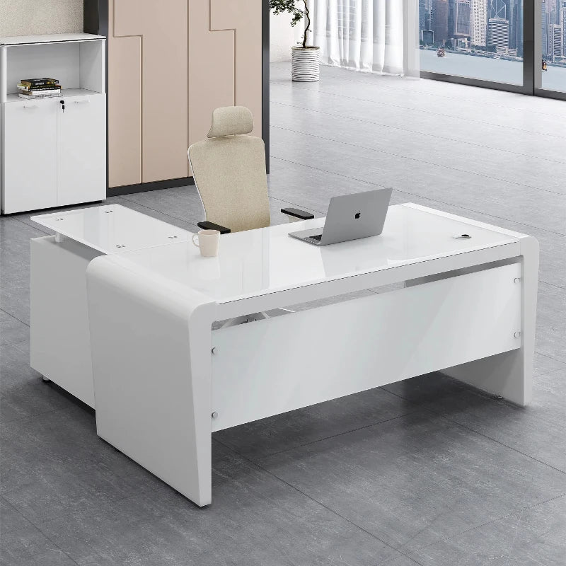 L Shaped White Office Desk Modern Luxury Home Office Workstation Furniture Large Spacious Desktop With Drawers Computer Desk  bo