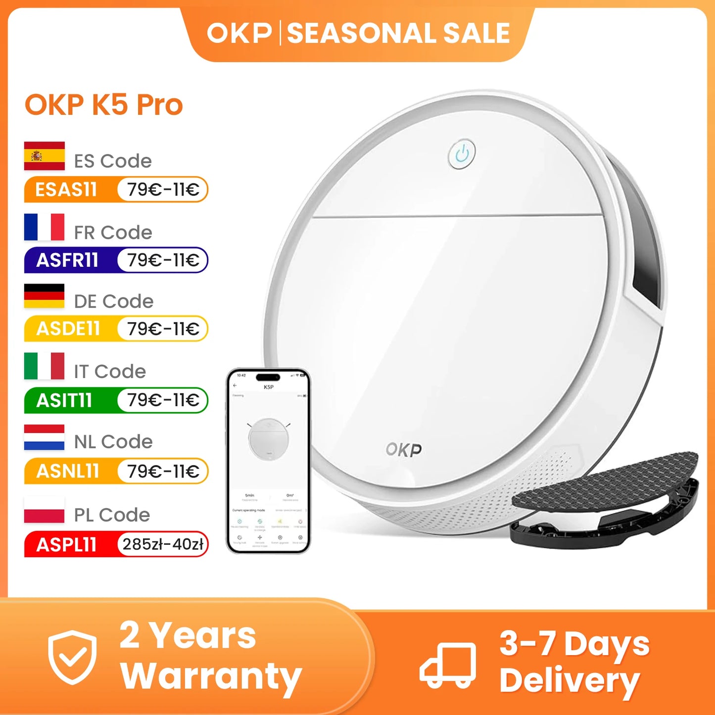 OKP K5P Robot Vacuum Cleaner, 5000Pa, 180 Mins, WiFi/App, Slim Design, Self-Charging, Perfect for Hard Floors, Pet Hair, Carpets