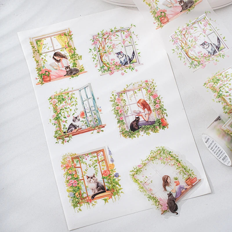 1roll Tape Weekend Window Sill Series Leisure Character Window PET Tape Decoration Notebook Photo Frame Stationery DIY Stickers