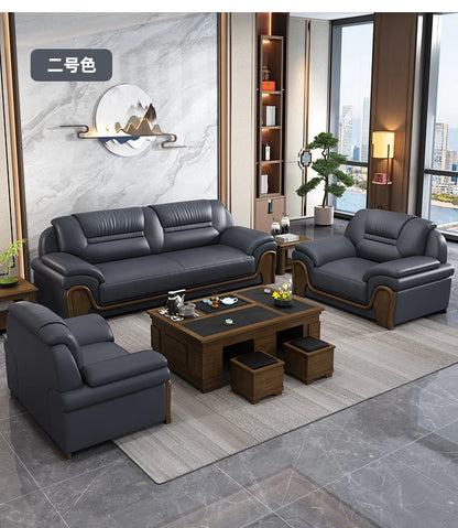 Office Sofa Chinese Solid Wood Reception High-end Business Boss Leather Three-person Sofa Coffee Table Combination