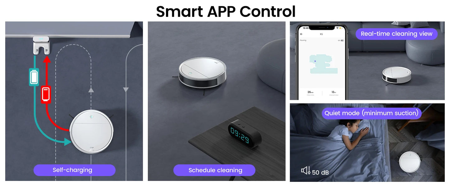 OKP K5P Robot Vacuum Cleaner, 5000Pa, 180 Mins, WiFi/App, Slim Design, Self-Charging, Perfect for Hard Floors, Pet Hair, Carpets