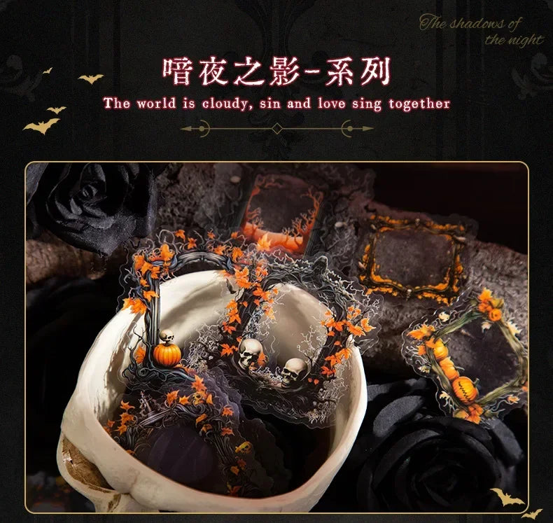 15Pieces PET Sticker Shadow Night Dark Gothic Photo Frame Black Winged Rose Stickers School Supplies Scrapbook 140*90mm