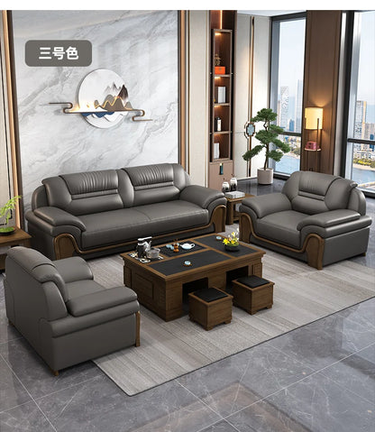 Office Sofa Chinese Solid Wood Reception High-end Business Boss Leather Three-person Sofa Coffee Table Combination