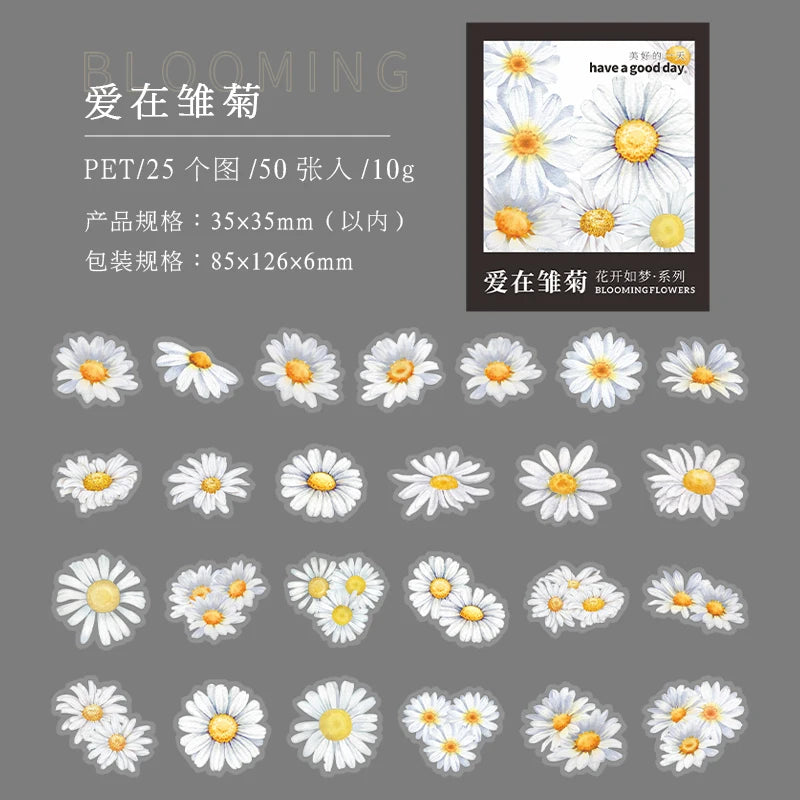 Yoofun 50pcs/lot Creative PET Flower Stickers for Gift Card Photo Frame Journal Scrapbooking Decoration Label Stationery