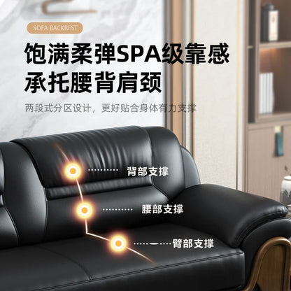 Office Sofa Chinese Solid Wood Reception High-end Business Boss Leather Three-person Sofa Coffee Table Combination
