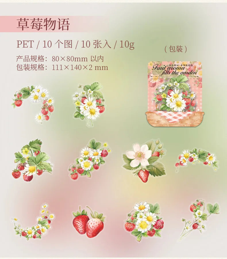 Mr. Paper10pcs/pack Strawberry PET Sticker Pack Fruit Sticker Decoration Scrapbook Photo Frame phone Case laptop Phone Case Gift