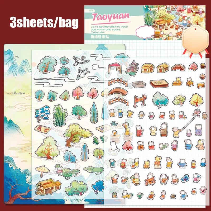 6Style 3Sheets/bag Fun World Stereoscopic Miniature PET Large Scenography Stickers DIY Handbook Scrapbook Photo Frame Notebook