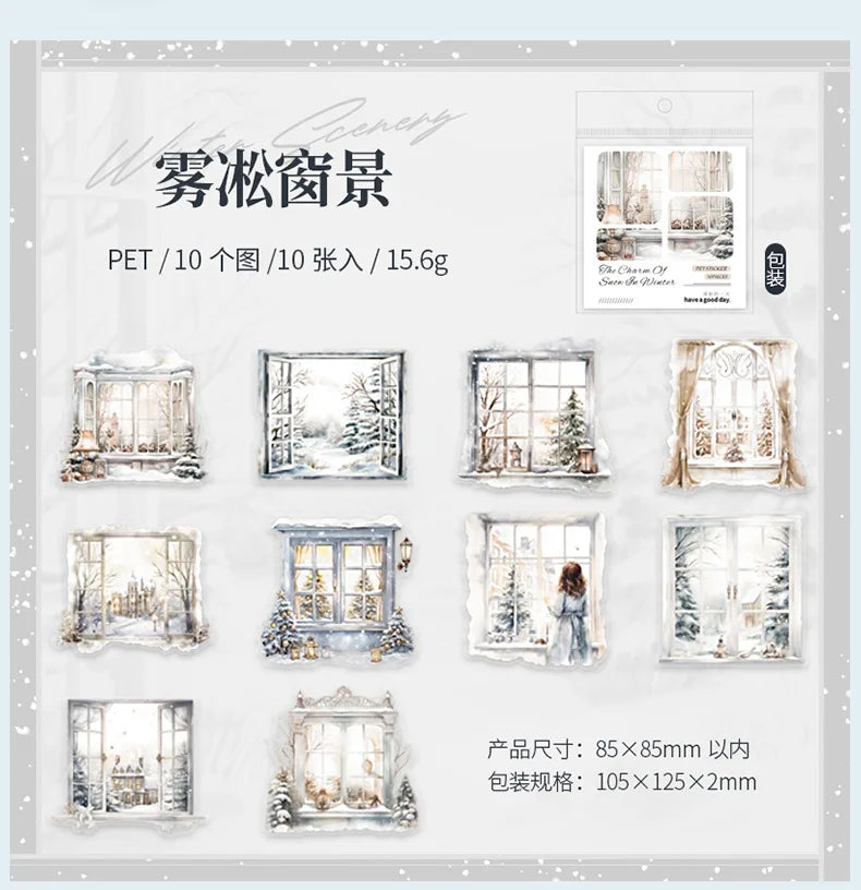 Mr. Paper, 10pcs/pack, Winter Landscape Large-sized PET Stickers, Decorative Collage Scrapbook, Photo Frame, Phone Case,notebook