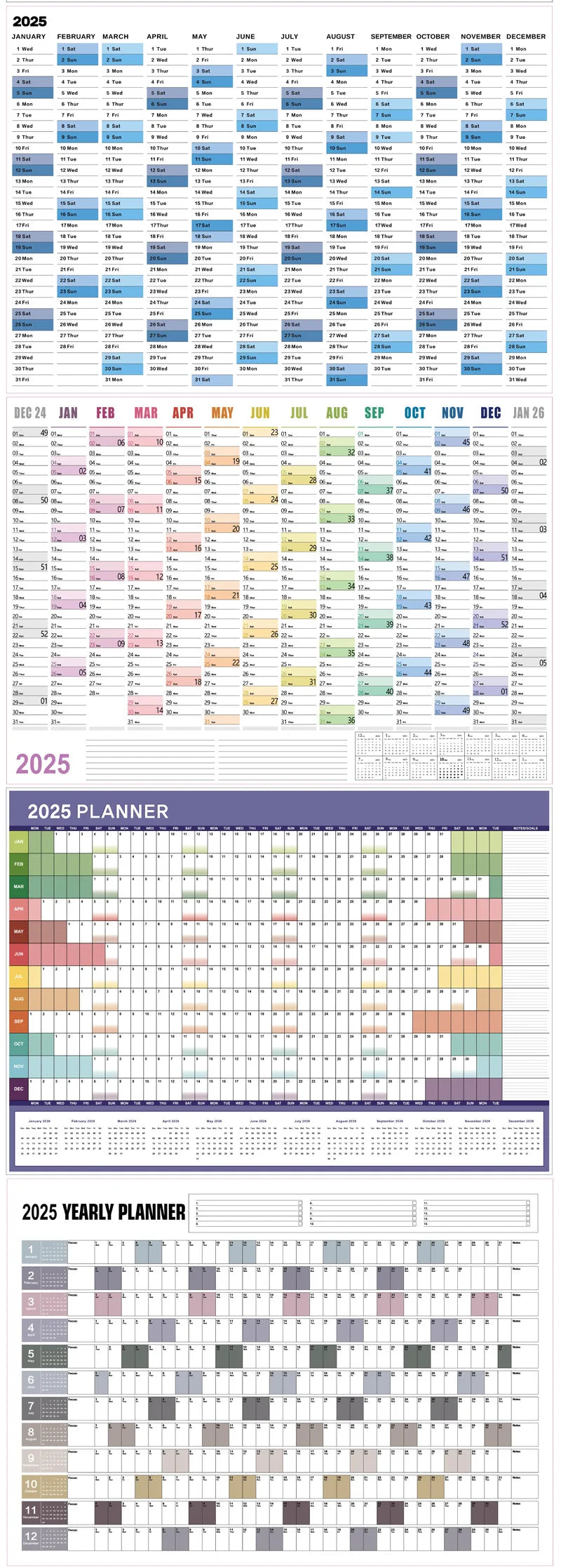 New 2025 English Wall Calendar Single Sheet Annual Wall Hanging Calendar Blank Gird Memo Daily Planner Simple Room Decoration