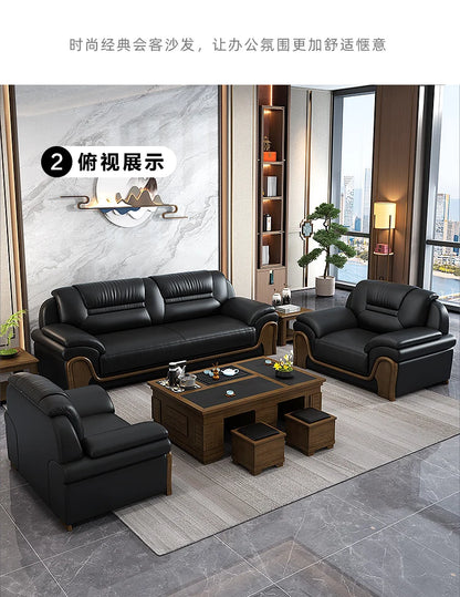 Office Sofa Chinese Solid Wood Reception High-end Business Boss Leather Three-person Sofa Coffee Table Combination