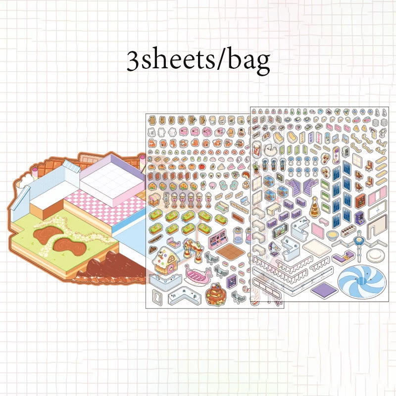 6Style 3Sheets/bag Fun World Stereoscopic Miniature PET Large Scenography Stickers DIY Handbook Scrapbook Photo Frame Notebook