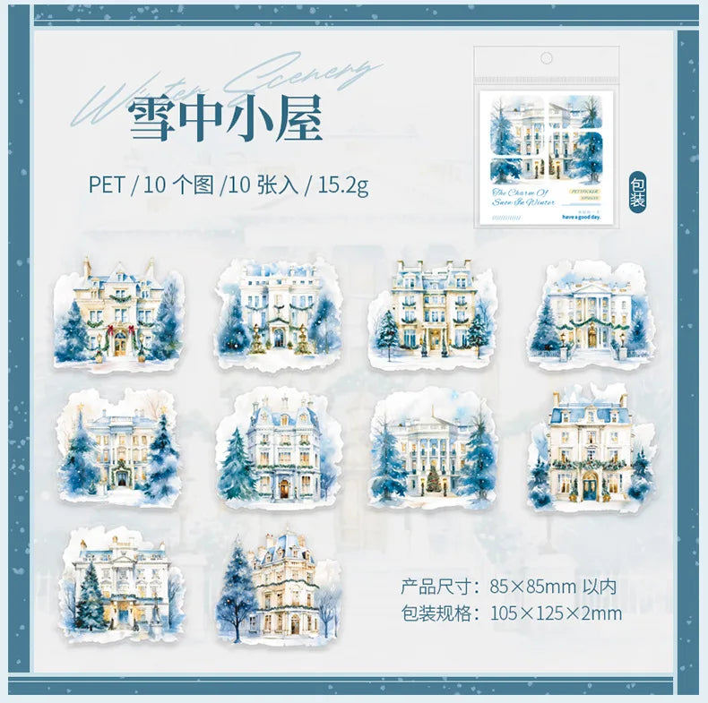 Mr. Paper, 10pcs/pack, Winter Landscape Large-sized PET Stickers, Decorative Collage Scrapbook, Photo Frame, Phone Case,notebook