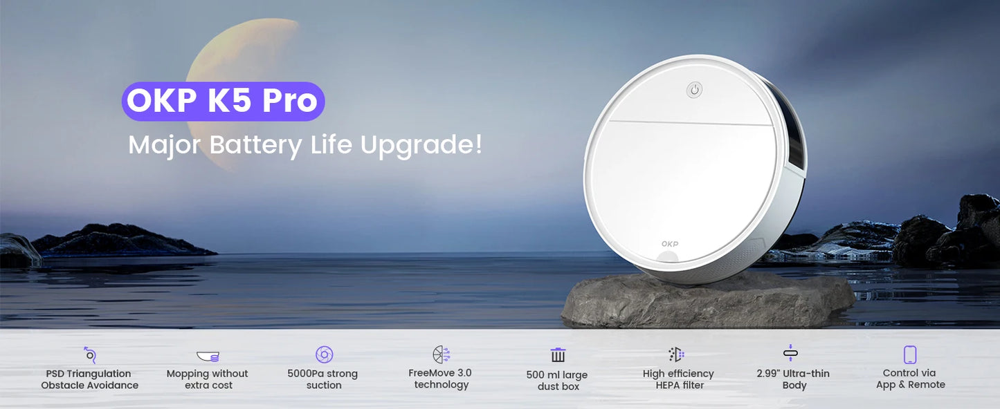OKP K5P Robot Vacuum Cleaner, 5000Pa, 180 Mins, WiFi/App, Slim Design, Self-Charging, Perfect for Hard Floors, Pet Hair, Carpets