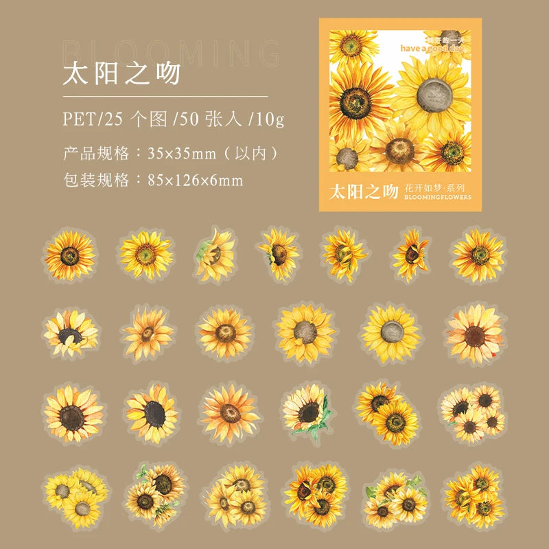 Yoofun 50pcs/lot Creative PET Flower Stickers for Gift Card Photo Frame Journal Scrapbooking Decoration Label Stationery