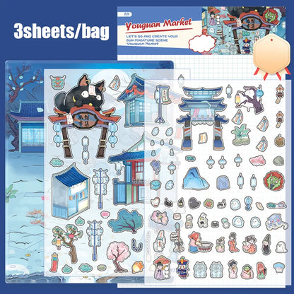 6Style 3Sheets/bag Fun World Stereoscopic Miniature PET Large Scenography Stickers DIY Handbook Scrapbook Photo Frame Notebook