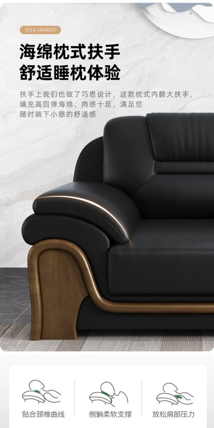Office Sofa Chinese Solid Wood Reception High-end Business Boss Leather Three-person Sofa Coffee Table Combination