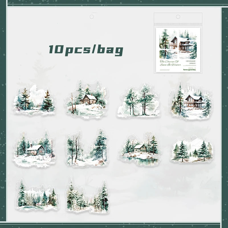 Mr. Paper 6Style 10Pcs/bag Winter Landscape Theme Large Size PET Stickers DIY Handbook Scrapbook Photo Frame Calendar Decoration