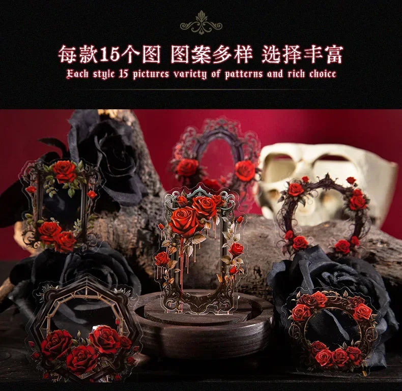 15Pieces PET Sticker Shadow Night Dark Gothic Photo Frame Black Winged Rose Stickers School Supplies Scrapbook 140*90mm