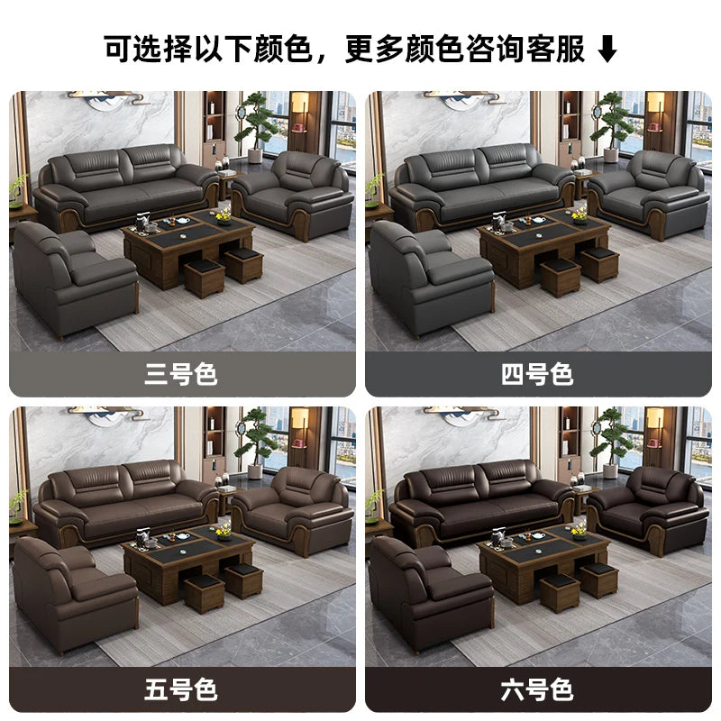 Office Sofa Chinese Solid Wood Reception High-end Business Boss Leather Three-person Sofa Coffee Table Combination