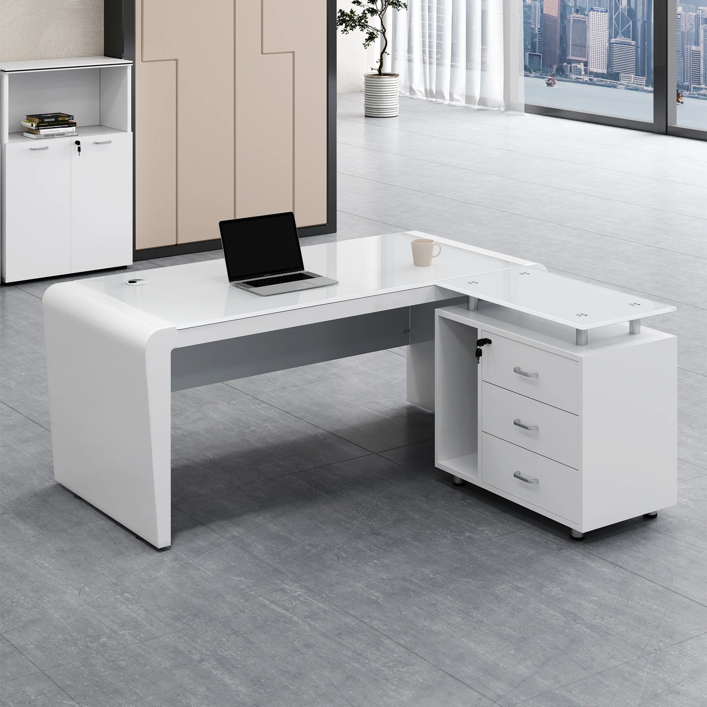 L Shaped White Office Desk Modern Luxury Home Office Workstation Furniture Large Spacious Desktop With Drawers Computer Desk  bo