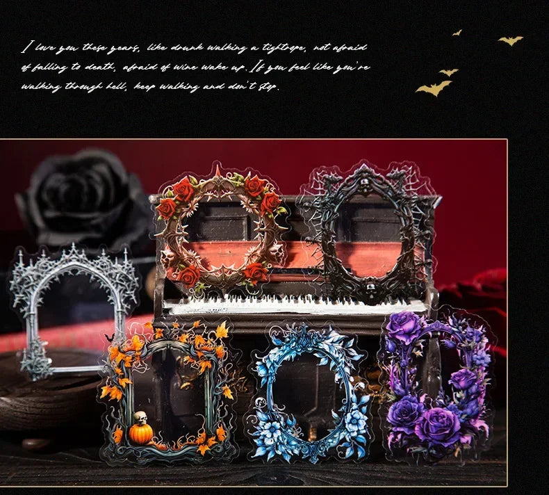 15Pieces PET Sticker Shadow Night Dark Gothic Photo Frame Black Winged Rose Stickers School Supplies Scrapbook 140*90mm