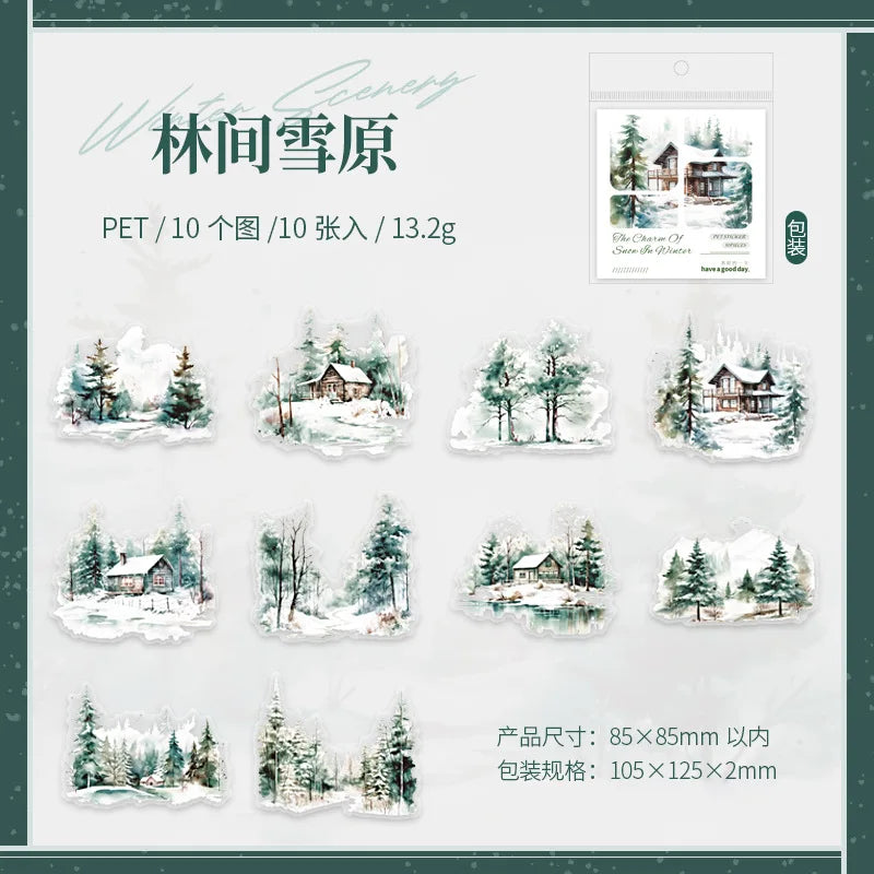 Mr. Paper, 10pcs/pack, Winter Landscape Large-sized PET Stickers, Decorative Collage Scrapbook, Photo Frame, Phone Case,notebook