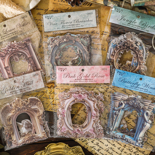 10 Pcs Hollow Embossed Photo Frame Material Paper Junk Journal Planner Scrapbooking Vintage Decorative DIY Craft Cardstock