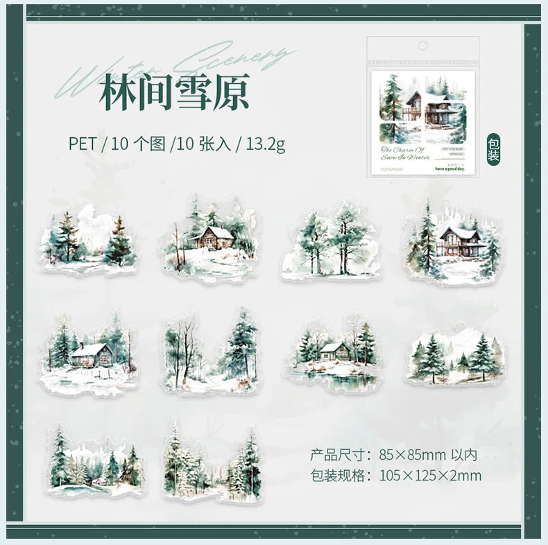 Mr. Paper, 10pcs/pack, Winter Landscape Large-sized PET Stickers, Decorative Collage Scrapbook, Photo Frame, Phone Case,notebook