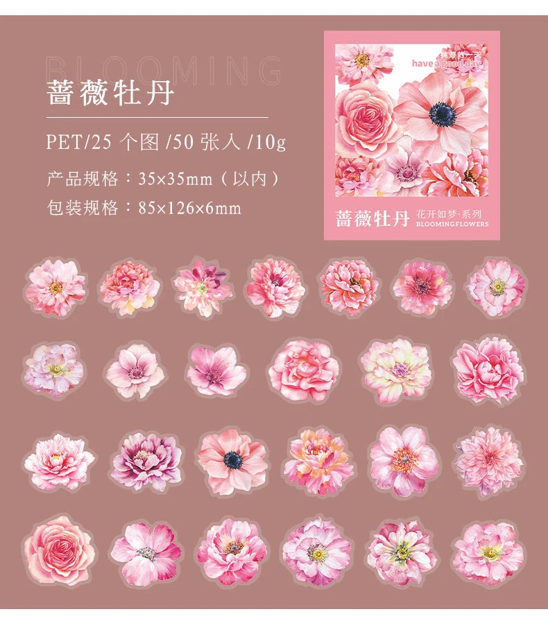 Yoofun 50pcs/lot Creative PET Flower Stickers for Gift Card Photo Frame Journal Scrapbooking Decoration Label Stationery