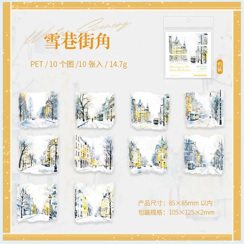 Mr. Paper, 10pcs/pack, Winter Landscape Large-sized PET Stickers, Decorative Collage Scrapbook, Photo Frame, Phone Case,notebook