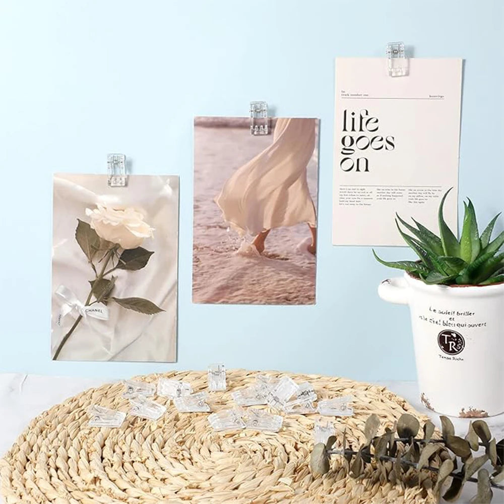 50PCS Self-adhesive Clip Plastic Transparent Wall Clip Poster Photo Wall Hanging Spring Clip Decorative Clip Multifunction Clip