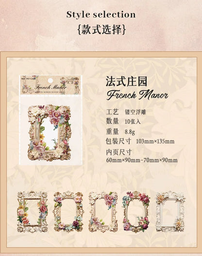 10Sheets/Bag Hollow Relief Retro Frame Collage Card European Flower Photo Frame Hand Account Decoration Material