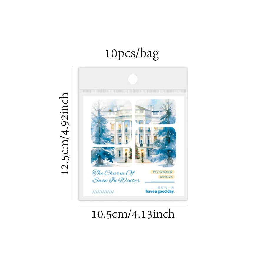 Mr. Paper 6Style 10Pcs/bag Winter Landscape Theme Large Size PET Stickers DIY Handbook Scrapbook Photo Frame Calendar Decoration