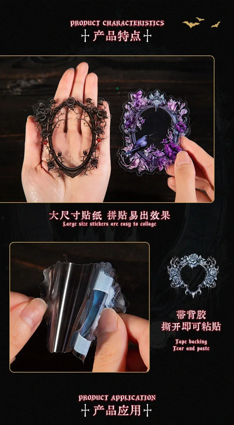 15Pieces PET Sticker Shadow Night Dark Gothic Photo Frame Black Winged Rose Stickers School Supplies Scrapbook 140*90mm