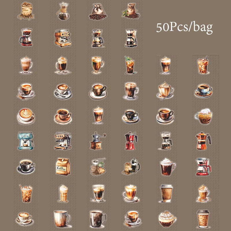 4Style 50Pcs/bag Afternoon Cafe Theme Box Set Stickers Creative Material Decoration DIY Handbook Scrapbook Photo Frame Glasses