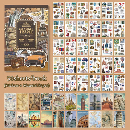 1Style 50Pcs/book travel theme material book DIY handbook scrapbook photo frame diary envelope decoration