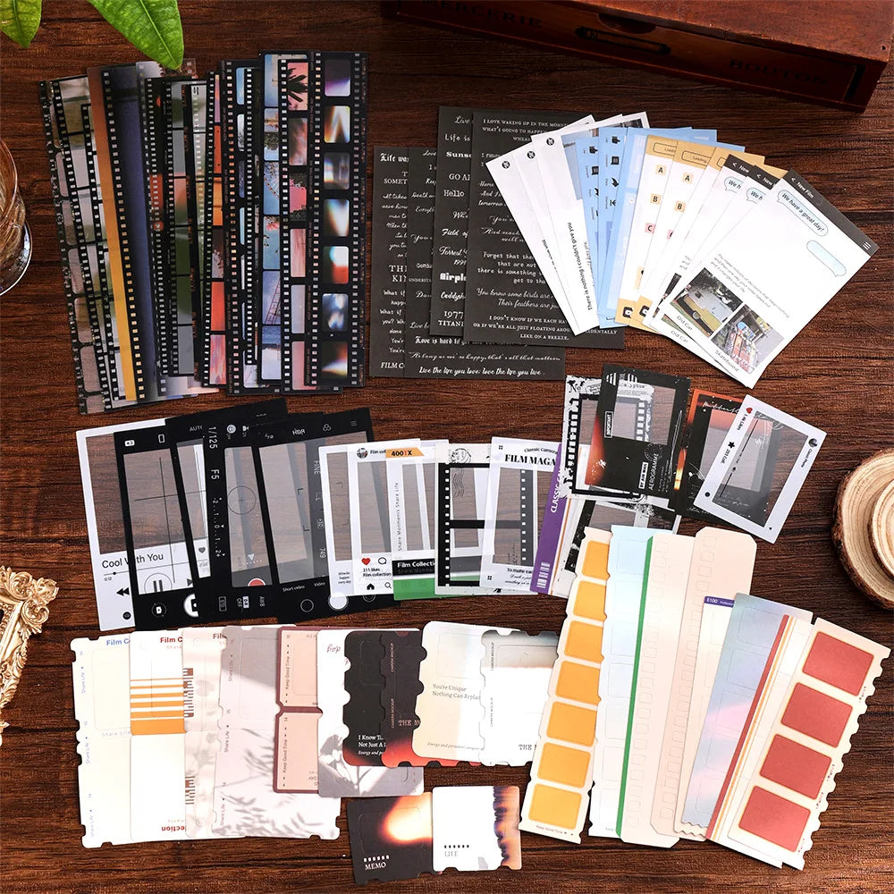 100 pcs/pack Vintage Movie Film Cards Notes And Stickers Set Pack For Scrapbook Kit Film Strip Photo Frame Journaling Supplies