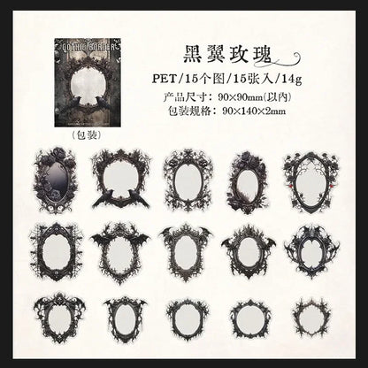 15Pieces PET Sticker Shadow Night Dark Gothic Photo Frame Black Winged Rose Stickers School Supplies Scrapbook 140*90mm