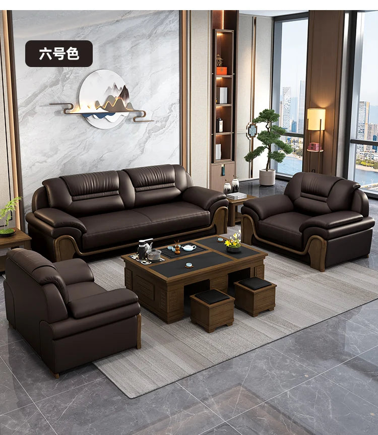 Office Sofa Chinese Solid Wood Reception High-end Business Boss Leather Three-person Sofa Coffee Table Combination