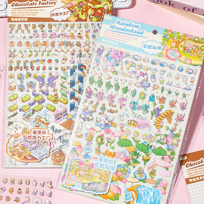 6Style 3Sheets/bag Fun World Stereoscopic Miniature PET Large Scenography Stickers DIY Handbook Scrapbook Photo Frame Notebook