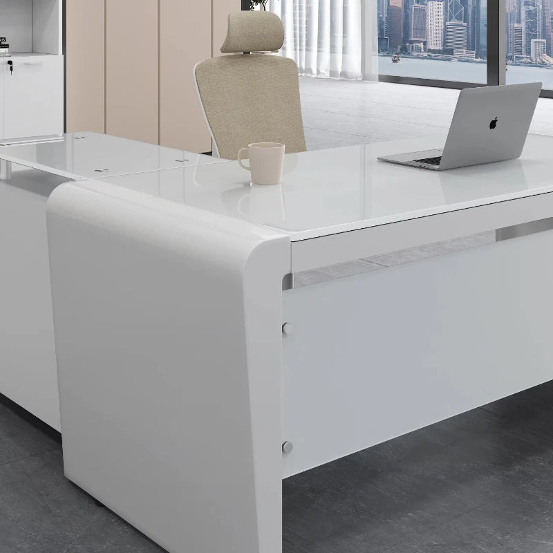 L Shaped White Office Desk Modern Luxury Home Office Workstation Furniture Large Spacious Desktop With Drawers Computer Desk  bo
