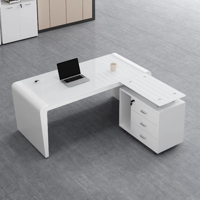 L Shaped White Office Desk Modern Luxury Home Office Workstation Furniture Large Spacious Desktop With Drawers Computer Desk  bo