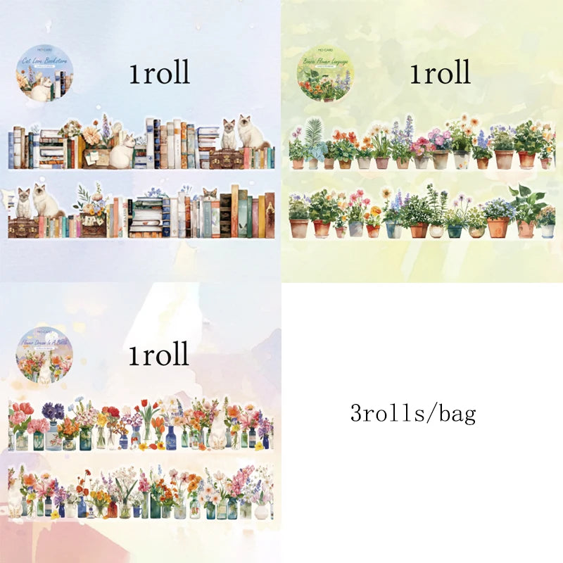 Mr Paper 3rolls/bag Long Life Series White Ink Shaped Tape Masking Tape Handmade DIY Glasses Journal Photo Frame