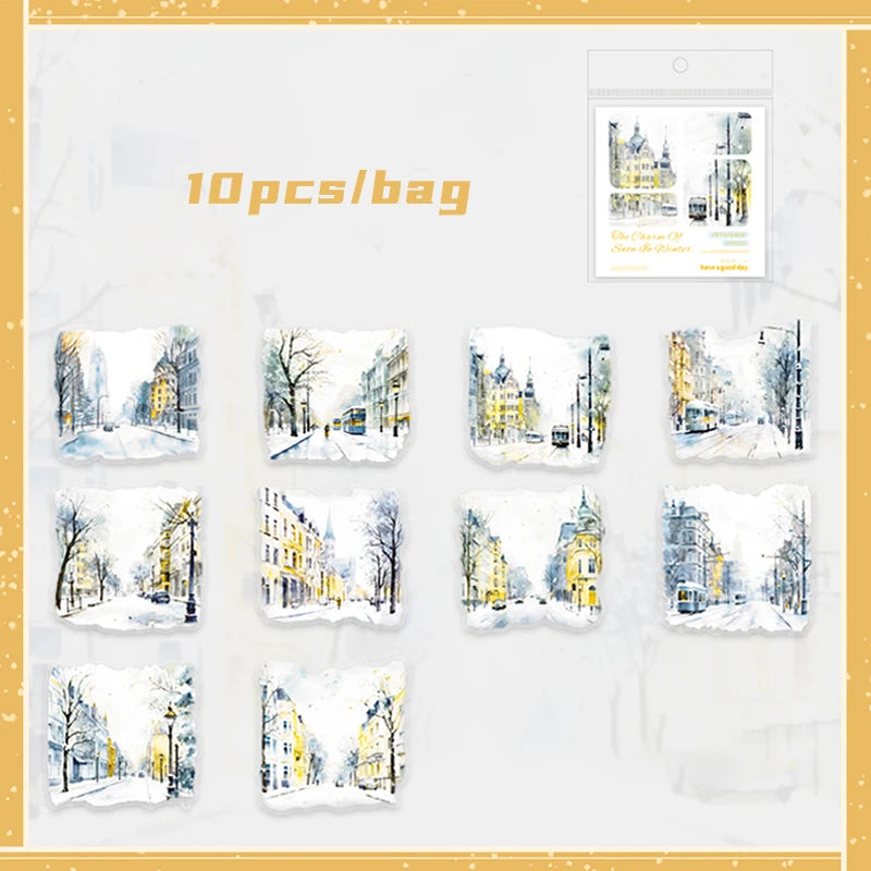 Mr. Paper 6Style 10Pcs/bag Winter Landscape Theme Large Size PET Stickers DIY Handbook Scrapbook Photo Frame Calendar Decoration