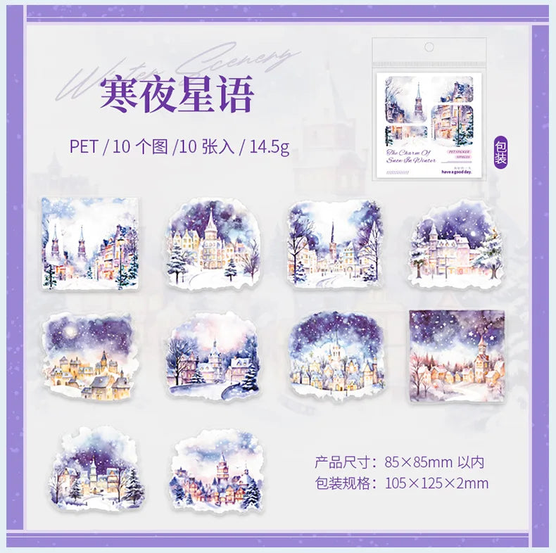 Mr. Paper, 10pcs/pack, Winter Landscape Large-sized PET Stickers, Decorative Collage Scrapbook, Photo Frame, Phone Case,notebook