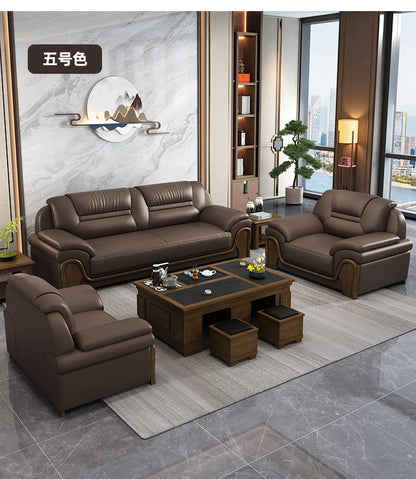 Office Sofa Chinese Solid Wood Reception High-end Business Boss Leather Three-person Sofa Coffee Table Combination