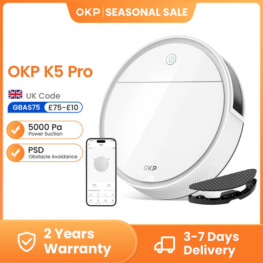 OKP K5P Robot Vacuum Cleaner, 5000Pa, 180 Mins, WiFi/App, Slim Design, Self-Charging, Perfect for Hard Floors, Pet Hair, Carpets